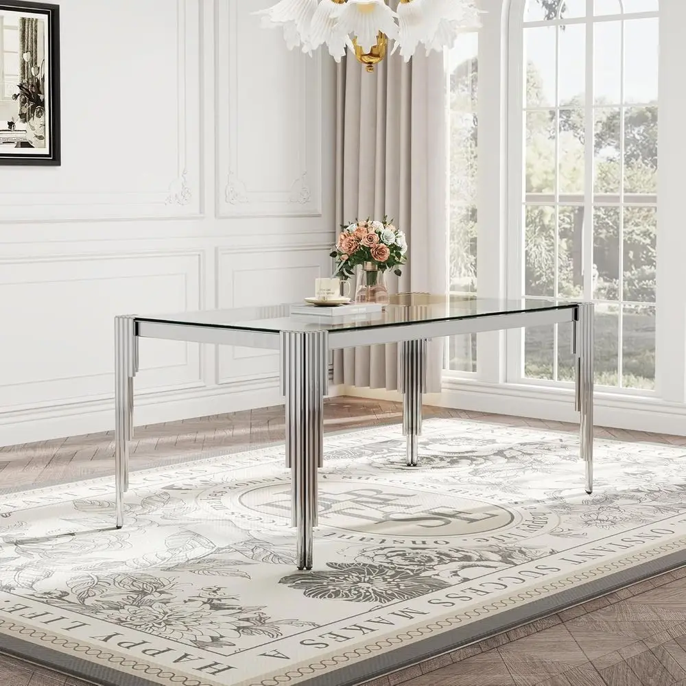 Clear Tempered Glass Dining Table, 65 Silver Stainless Steel Legs, Seats 6, Suitable for Kitchen, Living Room, Office
Clear Tempered Glass Dining Table, 65 Silver Stainless Steel Legs, Seats 6, Suitable for Kitchen, Living Room, Office