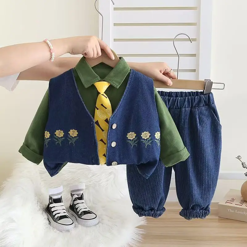 2025 Spring and Autumn New Baby Stripe Long Sleeve Suit Boys' Denim Vesttie Tie 4-Piece Simple Cardigan Jacket Sportswear
2025 Spring and Autumn New Baby Stripe Long Sleeve Suit Boys' Denim Vesttie Tie 4-Piece Simple Cardigan Jacket Sportswear