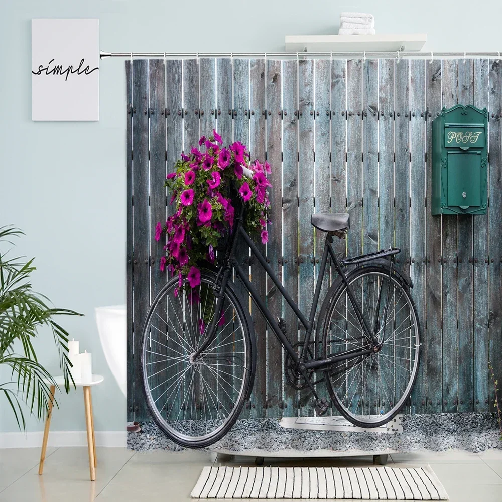 Vintage Bicycle Flowers Shower Curtains Retro Bike Post Box Rustic Blue Wooden Board Decor Polyester Bathroom Curtain with Hooks 
Vintage Bicycle Flowers Shower Curtains Retro Bike Post Box Rustic Blue Wooden Board Decor Polyester Bathroom Curtain with Hooks