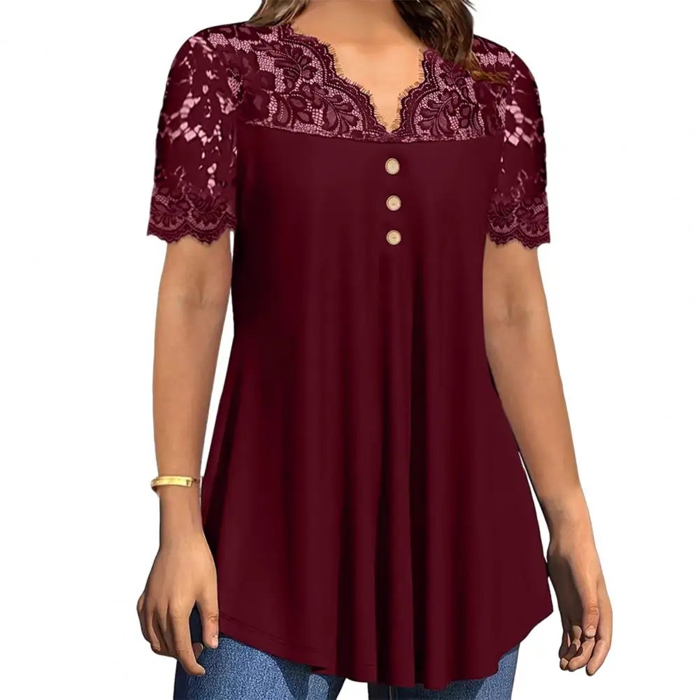 Women Tops Women’s V Neckline Lace Splicing Top Short Sleeve Pullover Blouse Loose Hem Anti-wrinkle Shirt for Summer Female
Women Tops Women’s V Neckline Lace Splicing Top Short Sleeve Pullover Blouse Loose Hem Anti-wrinkle Shirt for Summer Female