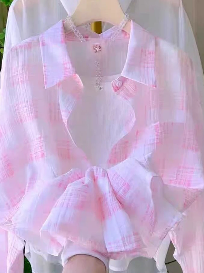 Pink Plaid Collar Lightweight Breathable Summer New Women's Sun Protection Outerwear Casual Design Sense Loose irt
Pink Plaid Collar Lightweight Breathable Summer New Women's Sun Protection Outerwear Casual Design Sense Loose irt