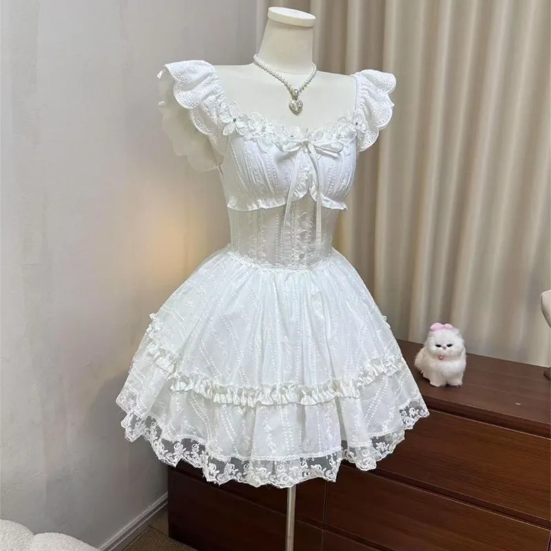 French Style Sweet Princess Fly Sleeve Dress Elegant Fairy Lace Trim Dresses Summer White New Fashion Waist-cinching Puffy Dress
French Style Sweet Princess Fly Sleeve Dress Elegant Fairy Lace Trim Dresses Summer White New Fashion Waist-cinching Puffy Dress
