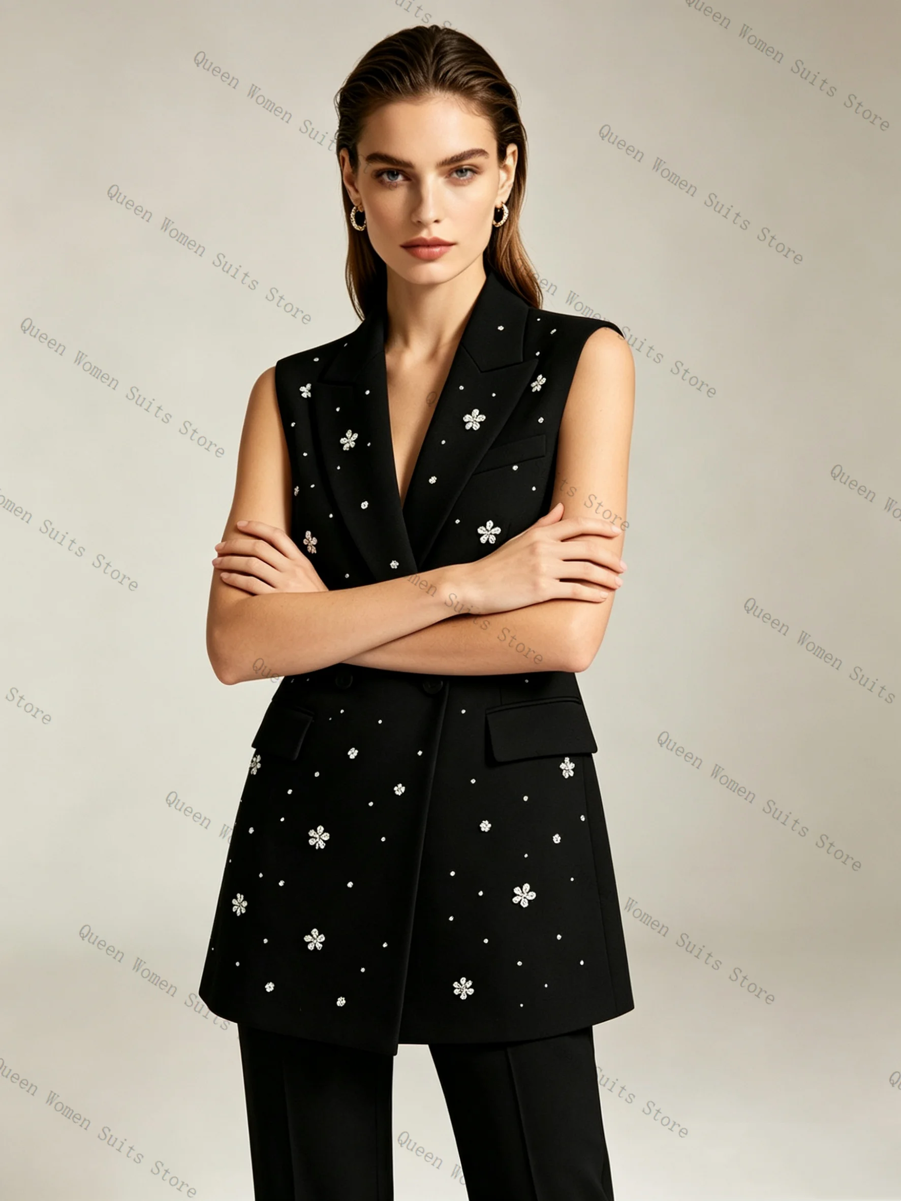 Luxury Black Women Suit Pants Set 2 Pcs Crystals Vest+Trousers Cotton Spring Formal Office Lady Jacket Wedding Coat Customized
Luxury Black Women Suit Pants Set 2 Pcs Crystals Vest+Trousers Cotton Spring Formal Office Lady Jacket Wedding Coat Customized