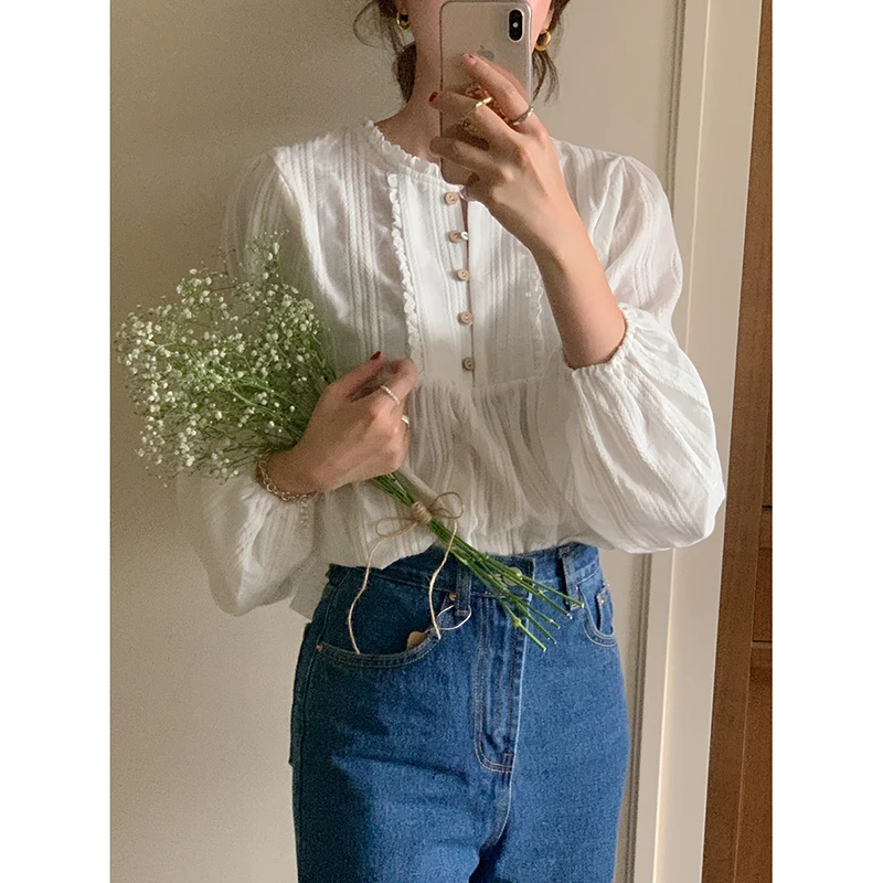 Chic round Ne Single Button Loose Bubble Sve irt Women's Korean Sle Commute Pure Color Casual Faion Top
Chic round Ne Single Button Loose Bubble Sve irt Women's Korean Sle Commute Pure Color Casual Faion Top