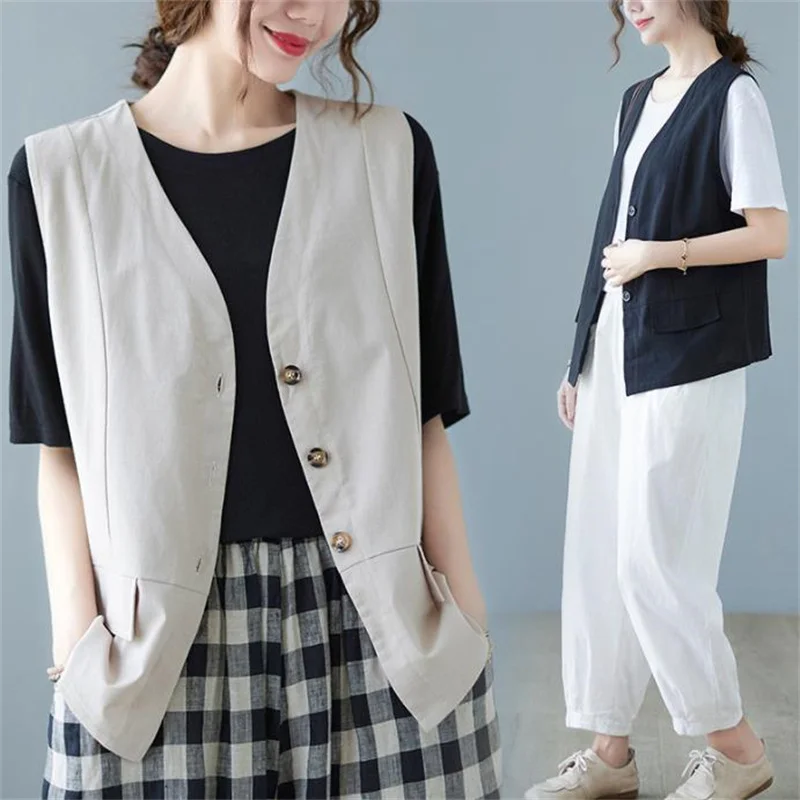 Solid color vest cotton linen single-breasted V neck new women's loose outer vest
Solid color vest cotton linen single-breasted V neck new women's loose outer vest