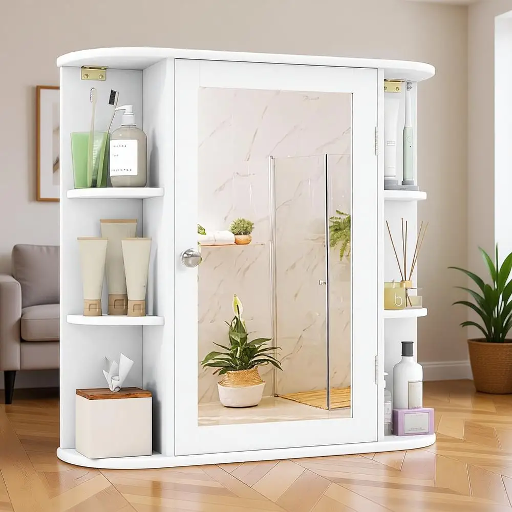 Wall-Mounted Mirrored Medicine Cabinet with 4 Shelves and 6 Open Storage Spaces, White
Wall-Mounted Mirrored Medicine Cabinet with 4 Shelves and 6 Open Storage Spaces, White
