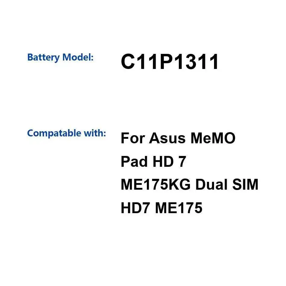 3910Mah Tablet Battery C11P1311 Durable Long Lasting For Asus Memo Pad HD 7 ME175KG Dual Sim HD7 ME175
3910Mah Tablet Battery C11P1311 Durable Long Lasting For Asus Memo Pad HD 7 ME175KG Dual Sim HD7 ME175