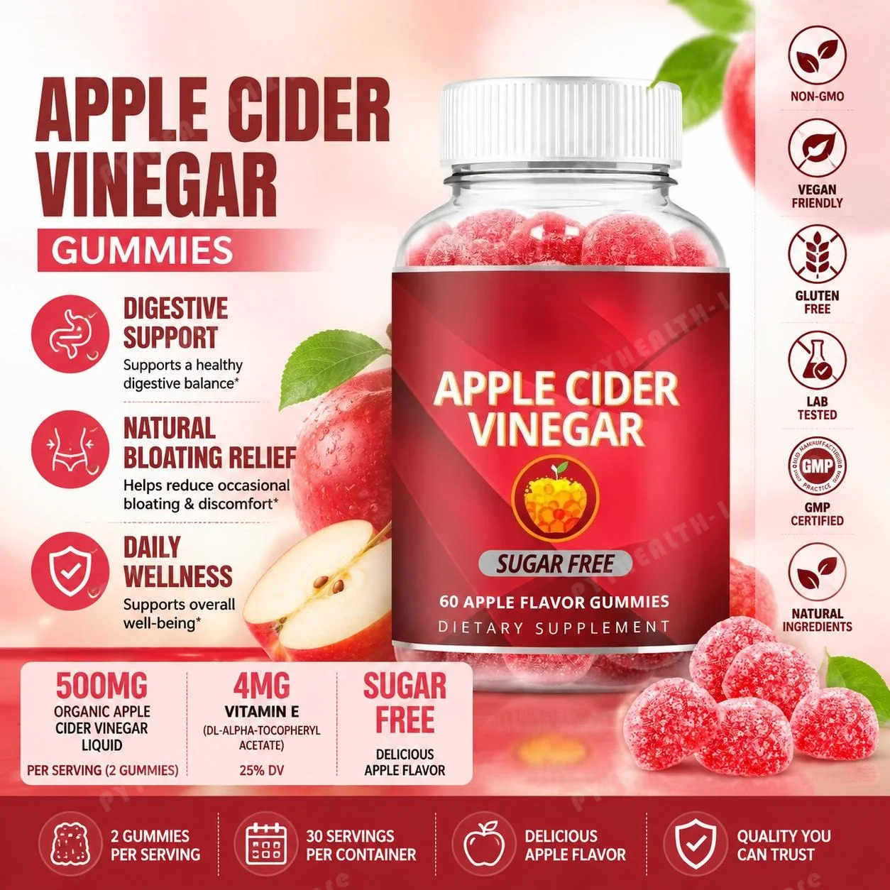 Apple Cider Vinegar Gummies Sugar Free for Natural Bloating Relief and Digestive Support with Vitamin E, 60 Gummies
Apple Cider Vinegar Gummies Sugar Free for Natural Bloating Relief and Digestive Support with Vitamin E, 60 Gummies