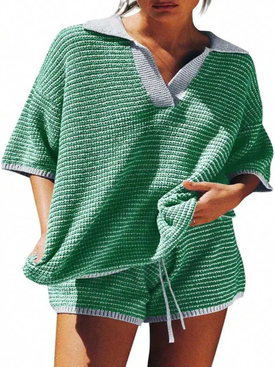 Womens Green Stripe 2 Piece Set Oversized V-Neck Half Sleeve Sweater And High Waist Drawstring Shorts
Womens Green Stripe 2 Piece Set Oversized V-Neck Half Sleeve Sweater And High Waist Drawstring Shorts