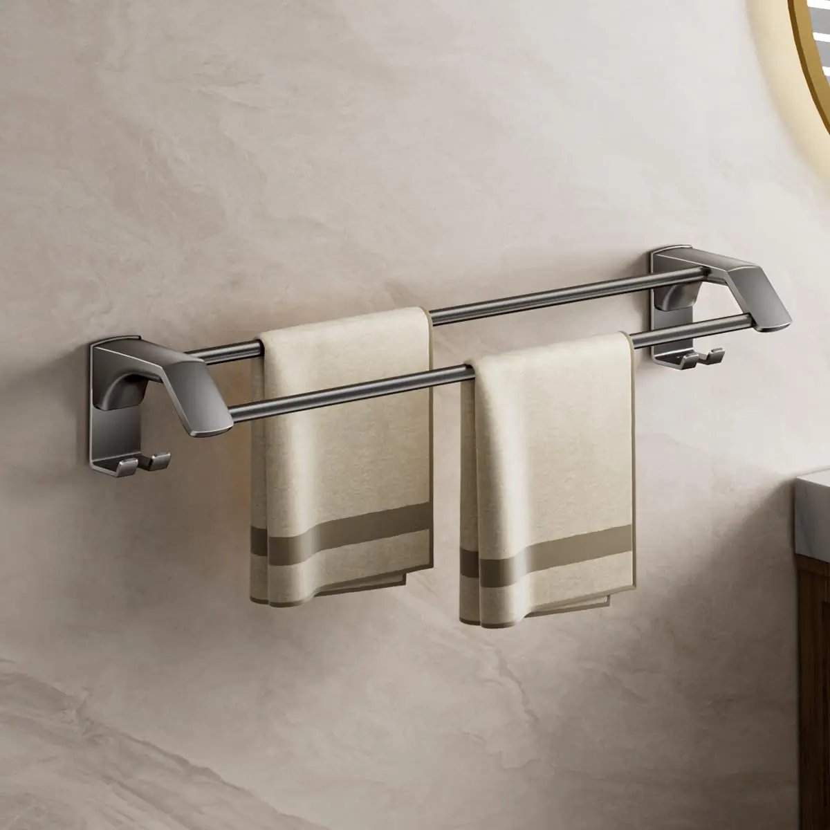 35.4 Inch Double Towel Bar Wall Mounted Rustproof Stainless Steel Aluminum Towel Rack With 4 Hooks Matte Gunmetal Grey
35.4 Inch Double Towel Bar Wall Mounted Rustproof Stainless Steel Aluminum Towel Rack With 4 Hooks Matte Gunmetal Grey