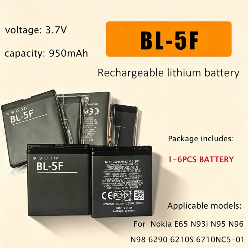 Rechargeable Battery BL-5F 950mAh 3.7V Li-ion Batteries for Nokia E65 N93i N95 N96 N98 6290 6210S 6710NC5-01 BL5F Mobile Phone
Rechargeable Battery BL-5F 950mAh 3.7V Li-ion Batteries for Nokia E65 N93i N95 N96 N98 6290 6210S 6710NC5-01 BL5F Mobile Phone