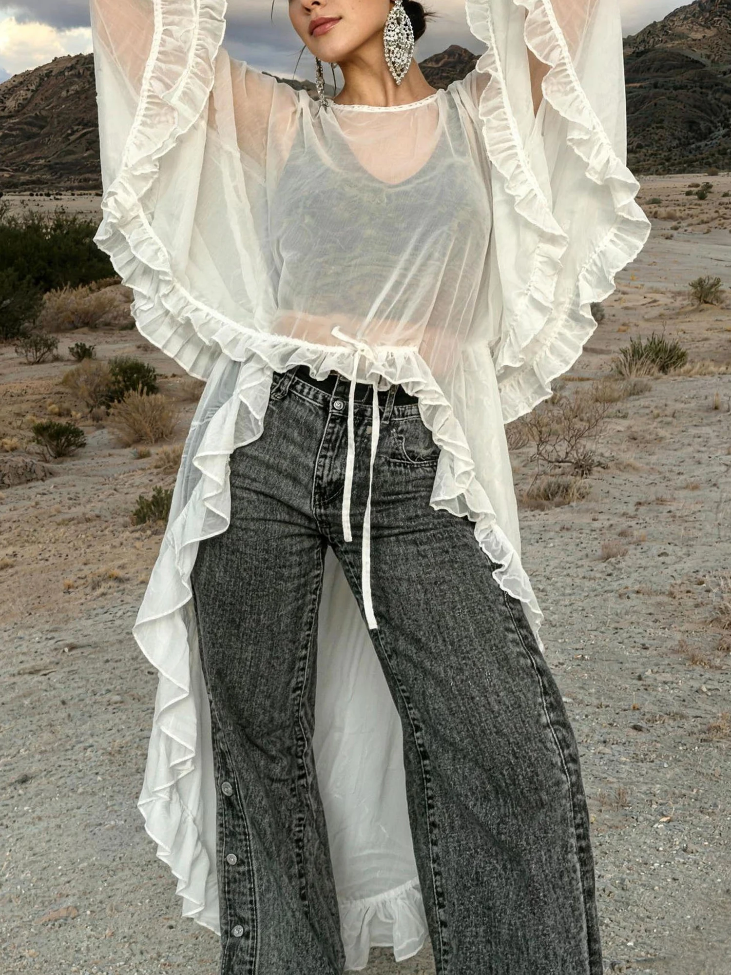 Women Chic Irregular Ruffled Hem Cape Top Solid See Through Long Sleeve Blouses Lace Mesh Flowy Maxi Shirts Cover Ups Tops
Women Chic Irregular Ruffled Hem Cape Top Solid See Through Long Sleeve Blouses Lace Mesh Flowy Maxi Shirts Cover Ups Tops