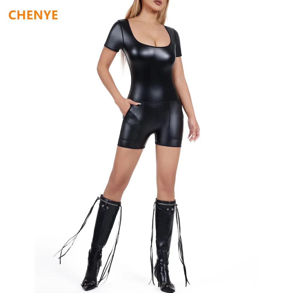 Women Body Shaper Faux Leather Bodysuit Deep U Neck Shorts Short Sleeve Corset One Piec Pu Leather Jumpsuits Rompers with Pocket
Women Body Shaper Faux Leather Bodysuit Deep U Neck Shorts Short Sleeve Corset One Piec Pu Leather Jumpsuits Rompers with Pocket