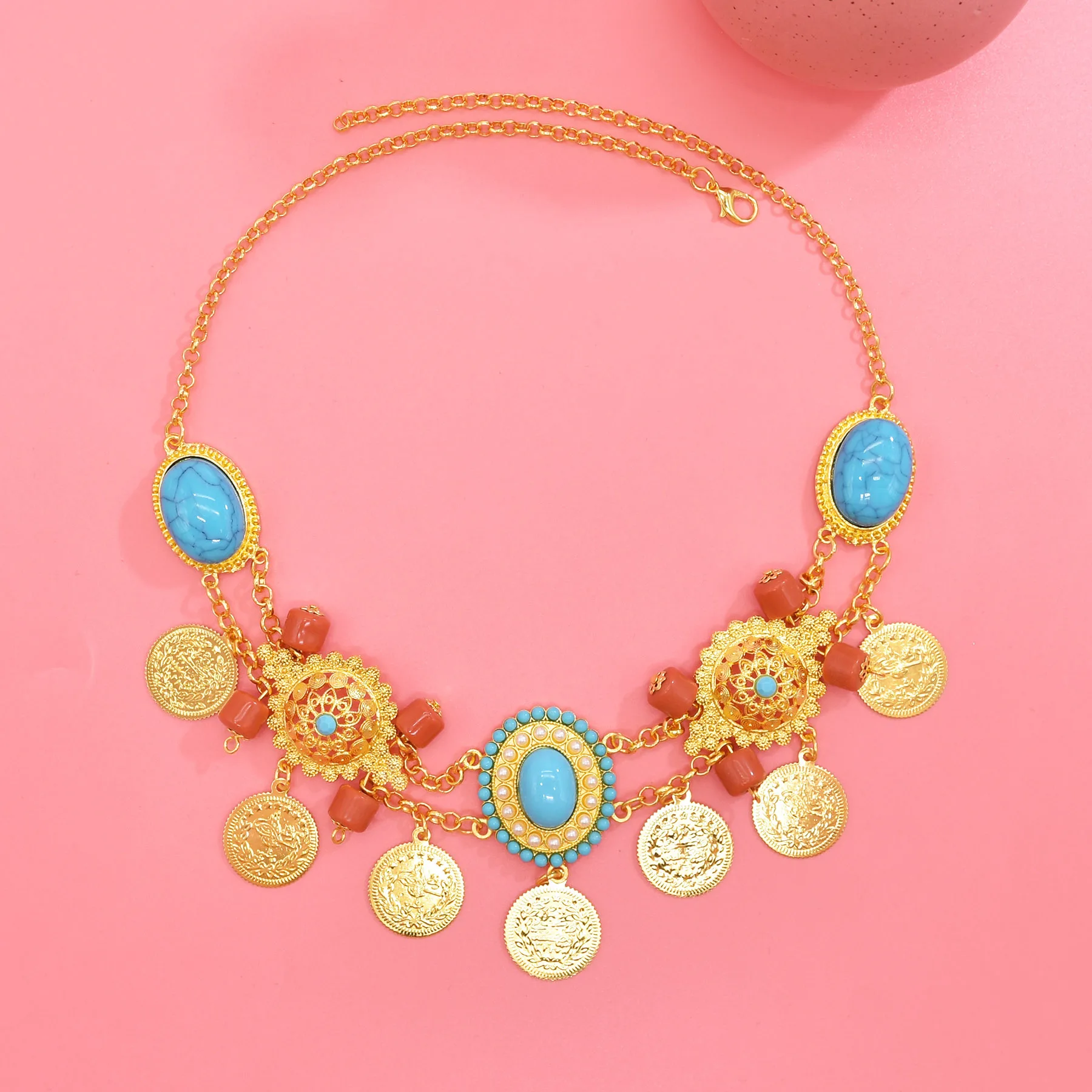 Imitation Turquoise Golden Alloy Coin Red Acrylic Gems Pendant Necklace for Women Arab Ethnic Bib Necklaces Female Neck Jewelry
Imitation Turquoise Golden Alloy Coin Red Acrylic Gems Pendant Necklace for Women Arab Ethnic Bib Necklaces Female Neck Jewelry