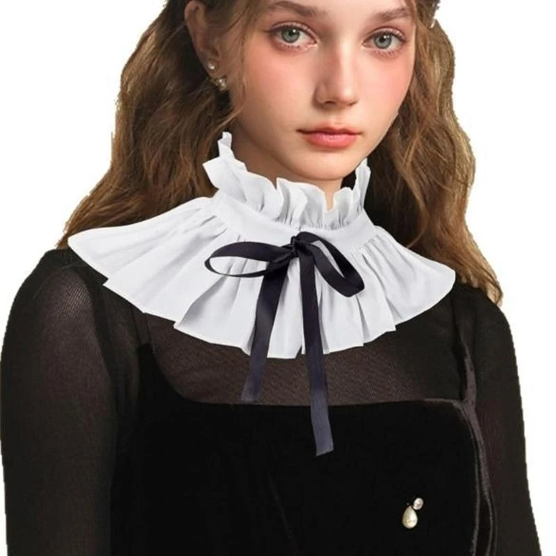 E15F Women's Elegant Ribbon Ties Ruffle Detachable Faux Collar Vintage Fashion Neckwear Pleated Shawl Cape for Formal Party
E15F Women's Elegant Ribbon Ties Ruffle Detachable Faux Collar Vintage Fashion Neckwear Pleated Shawl Cape for Formal Party