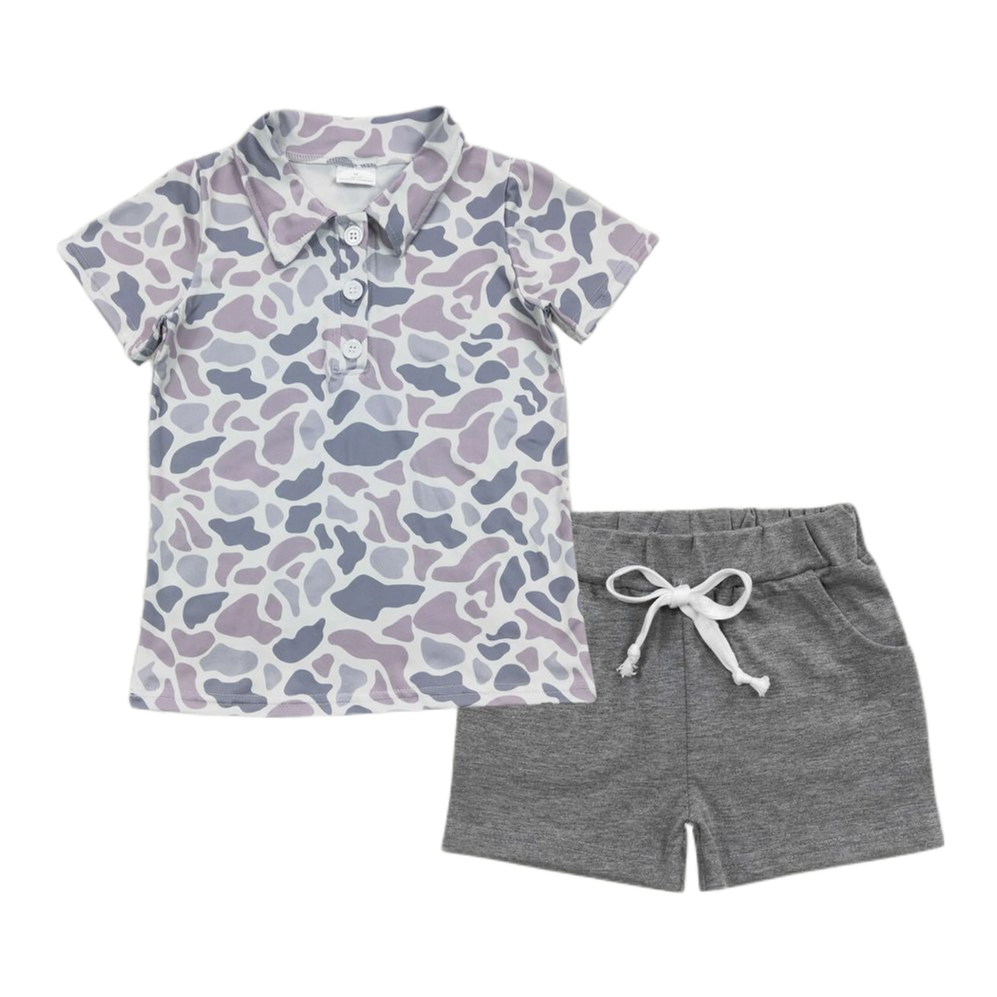 Wholesale Children Short Sleeves Grey Buttons T-shirt Tops Toddler Infant Camo Pocket Shorts Kids Outfit Baby Boy Summer Set
Wholesale Children Short Sleeves Grey Buttons T-shirt Tops Toddler Infant Camo Pocket Shorts Kids Outfit Baby Boy Summer Set