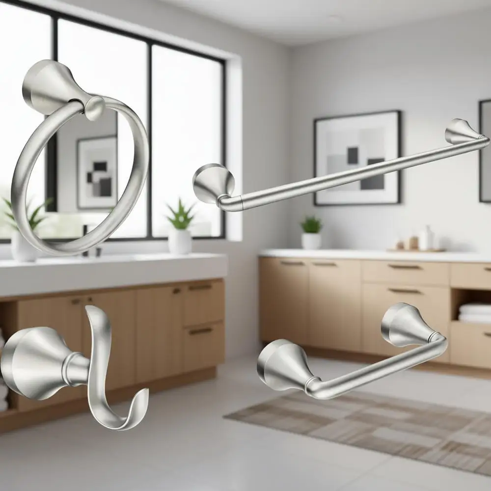 4-Piece Brushed Nickel Bathroom Accessory Set: Towel Ring, Robe Hook, Towel Bar, Pivoting Tissue Holder
4-Piece Brushed Nickel Bathroom Accessory Set: Towel Ring, Robe Hook, Towel Bar, Pivoting Tissue Holder