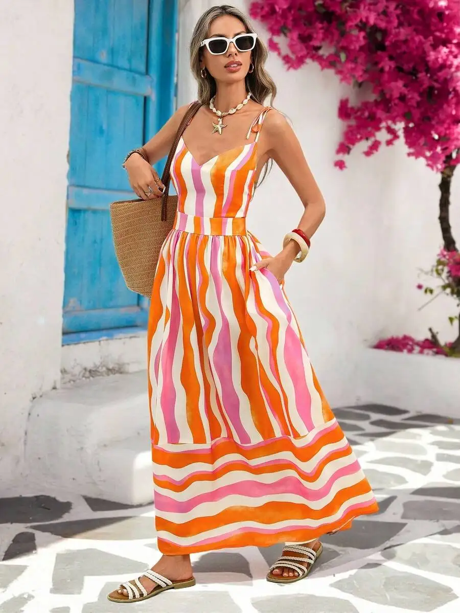 V-Neck Backless Cinched Waist Loose Hem Striped Maxi Beach Dress For Women Summer Vacation Outfit
V-Neck Backless Cinched Waist Loose Hem Striped Maxi Beach Dress For Women Summer Vacation Outfit