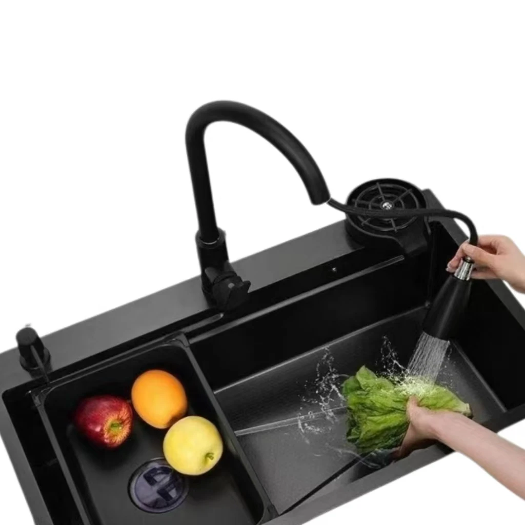 Hot Selling Modern Black Stainless Steel Single Kitchen Sink Handmade Rectangular Multifunctional Vegetables Sink Three Holes
Hot Selling Modern Black Stainless Steel Single Kitchen Sink Handmade Rectangular Multifunctional Vegetables Sink Three Holes