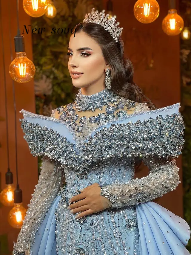 Customized Muslim Light Blue Two Pieces Prom Dresses Crystals Off Shoulder Beaded Formal Wedding Evening Events Gowns Turkey
Customized Muslim Light Blue Two Pieces Prom Dresses Crystals Off Shoulder Beaded Formal Wedding Evening Events Gowns Turkey