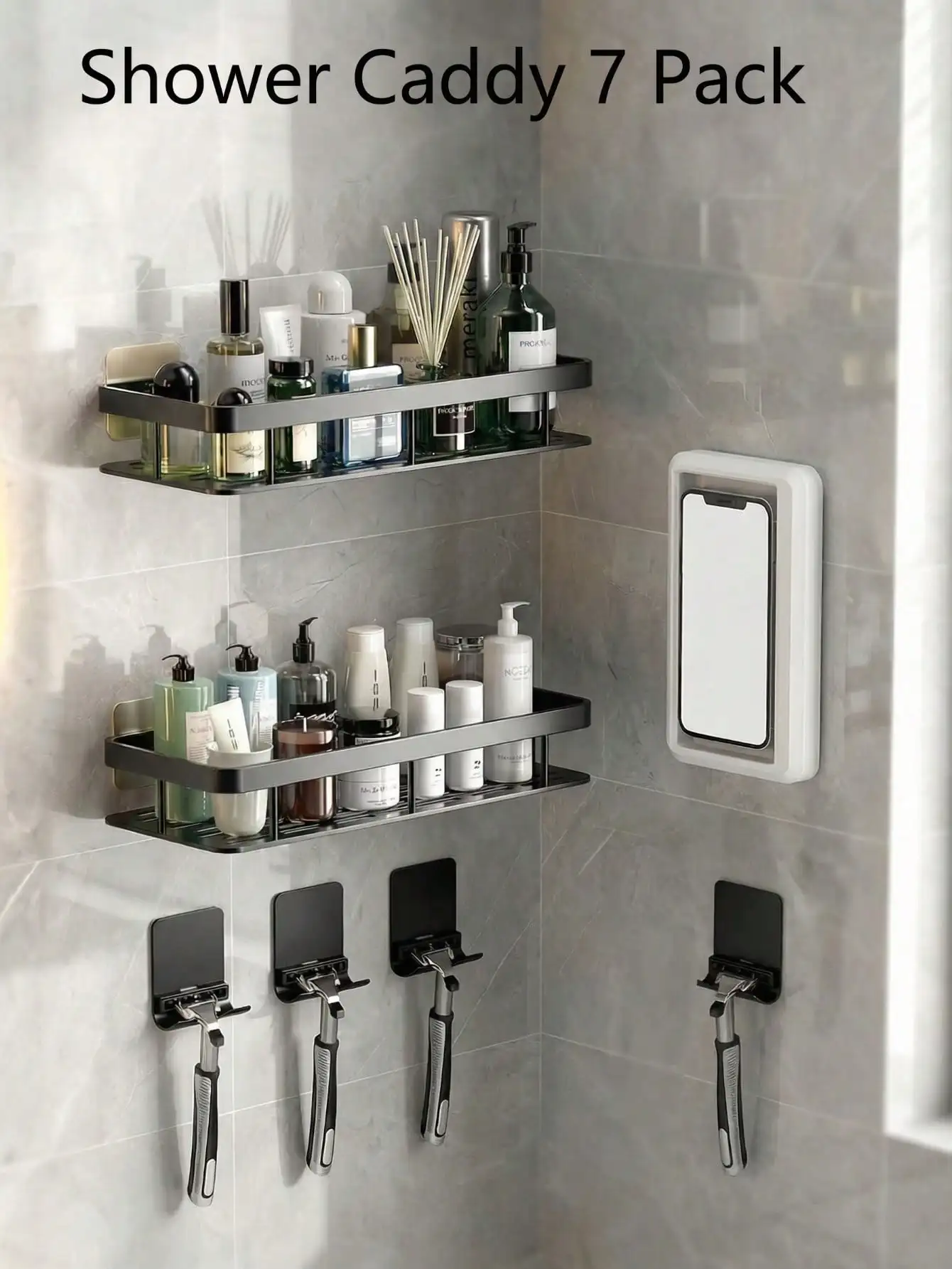7Pcs Matte Black Bathroom Rack Razor Holder Shower Phone Case Set For Bathroom, Wall Mounted Non Drilling Hanging Shower Cart Fo
7Pcs Matte Black Bathroom Rack Razor Holder Shower Phone Case Set For Bathroom, Wall Mounted Non Drilling Hanging Shower Cart Fo