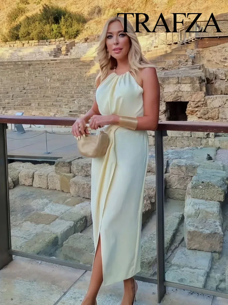 TRAFZA Women Fashion Light Yellow O-Neck Hollow Out Beaded Decoration Button Zipper Long Dress Female Fashion Sleeveless Dress
TRAFZA Women Fashion Light Yellow O-Neck Hollow Out Beaded Decoration Button Zipper Long Dress Female Fashion Sleeveless Dress