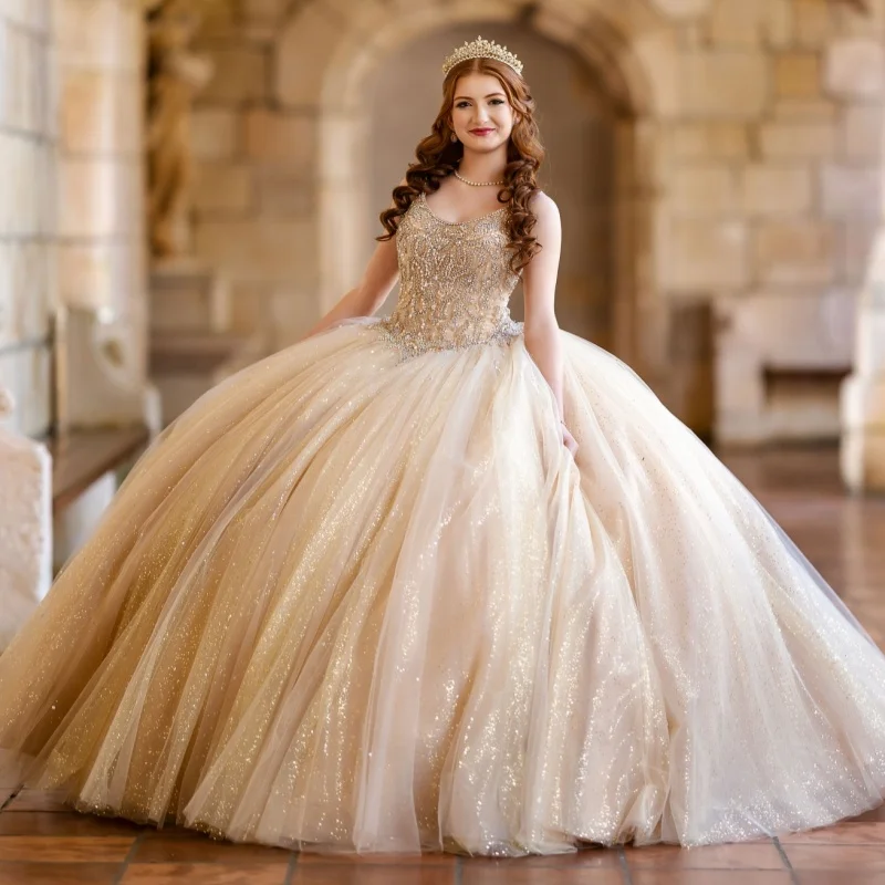 Champagne Shiny Quinceanera Dresses Spaghetti Strap Ball Gown Sweet 16 Dress Beading Crystal Tull Birthday Party Vestidos De 15
Champagne Shiny Quinceanera Dresses Spaghetti Strap Ball Gown Sweet 16 Dress Beading Crystal Tull Birthday Party Vestidos De 15