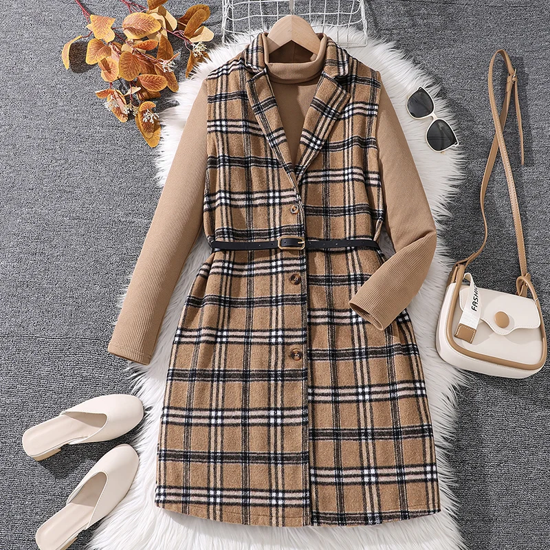 Весенне-осенний костюм для девочек 13-16 лет, клетчатый длинный жилет с высоким воротником, вязаное облегающее платье с длинными рукавами, элегантное женское платье
Весенне-осенний костюм для девочек 13-16 лет, клетчатый длинный жилет с высоким воротником, вязаное облегающее платье с длинными рукавами, элегантное женское платье