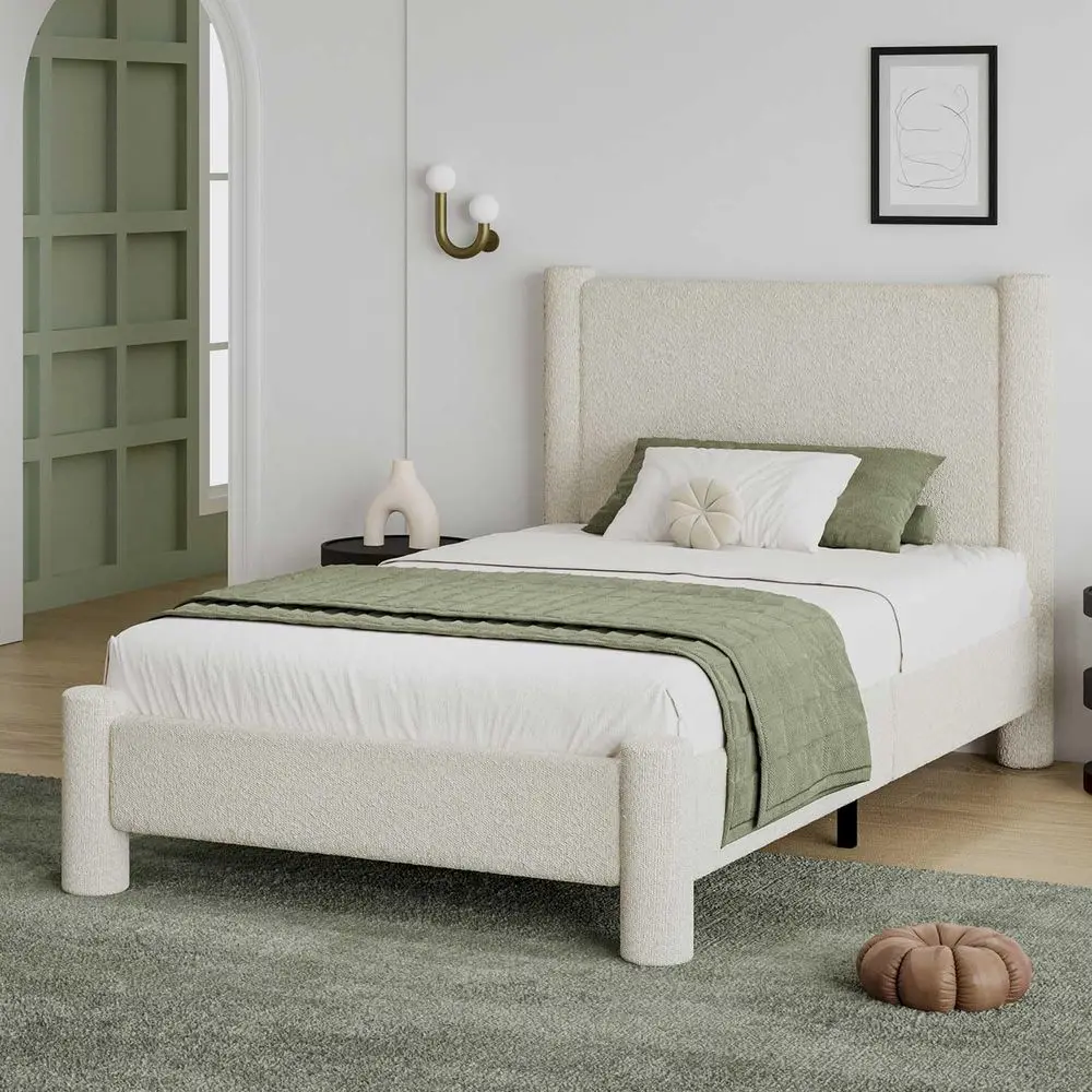 Twin Size Bed e, Boucle Upholstered Platorm Bed with board and ootboard, Sot Rounded s, No Box Spring Required, Easy Assembly, C
Twin Size Bed e, Boucle Upholstered Platorm Bed with board and ootboard, Sot Rounded s, No Box Spring Required, Easy Assembly, C