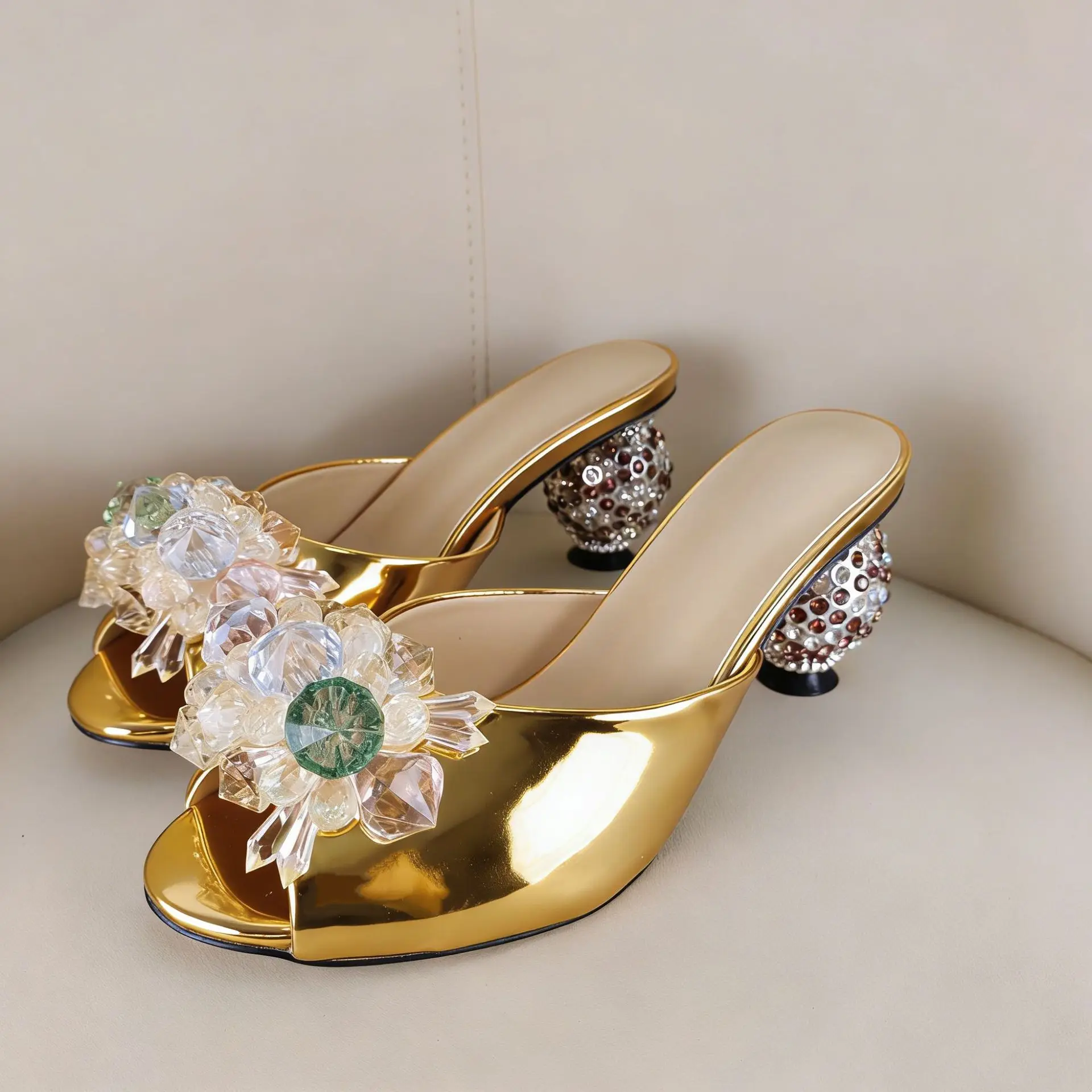 Women's Modern Slippers Luxury Gold Crystal Mules Peep Toe Rhinestone Heel Peep Toe Mules High Heel Summer Shallow Party Shoes
Women's Modern Slippers Luxury Gold Crystal Mules Peep Toe Rhinestone Heel Peep Toe Mules High Heel Summer Shallow Party Shoes