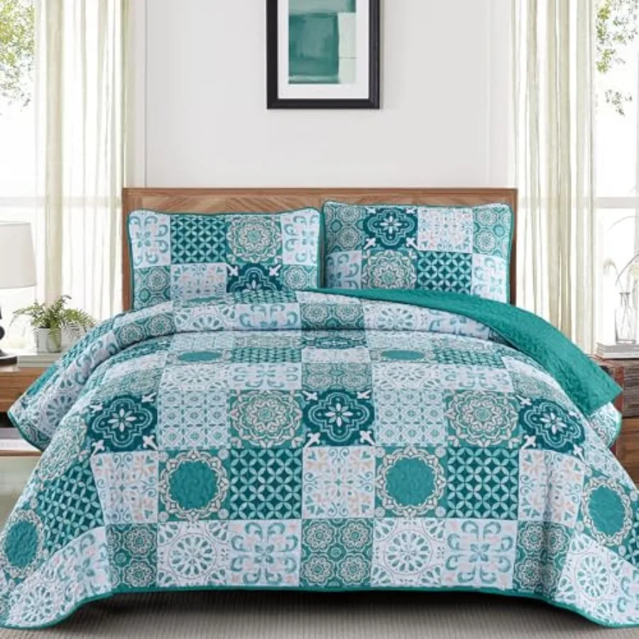 Quilt Set Size, Boho Turquoise Plaid Patchwork Bedspreads Coverlet Set, 3 Pieces Soft Lightweight Microfiber Bohemian Quilt Bed
Quilt Set Size, Boho Turquoise Plaid Patchwork Bedspreads Coverlet Set, 3 Pieces Soft Lightweight Microfiber Bohemian Quilt Bed