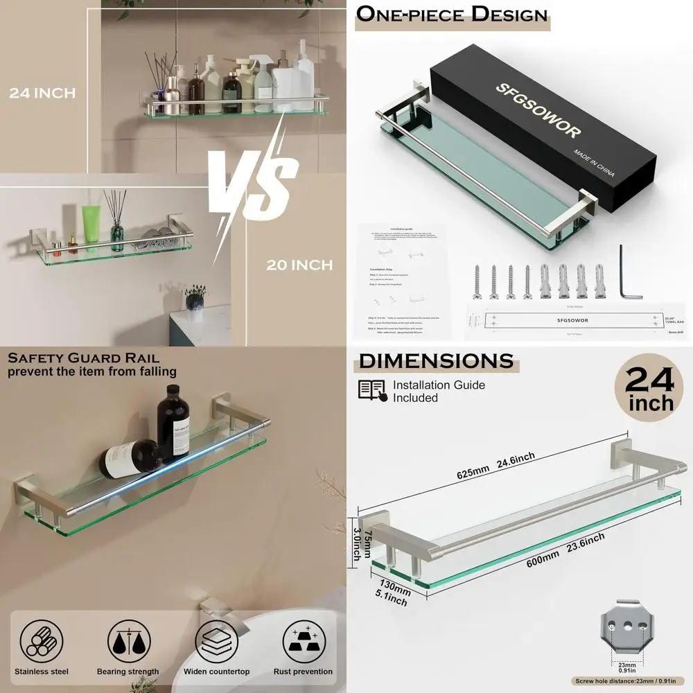 24 современных прямоугольных полок из закаленного стекла, настенный органайзер для ванной комнаты из нержавеющей стали с матовым никелевым покрытием
24 современных прямоугольных полок из закаленного стекла, настенный органайзер для ванной комнаты из нержавеющей стали с матовым никелевым покрытием
