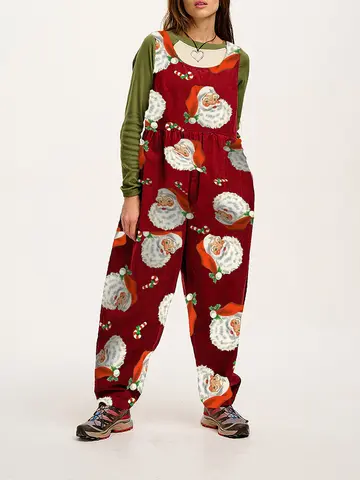 Women Christmas Bib Overalls Santa Claus Print Baggy Jumpsuit Romper Pants with Pockets for Streetwear Clothes Vintage Bohemian