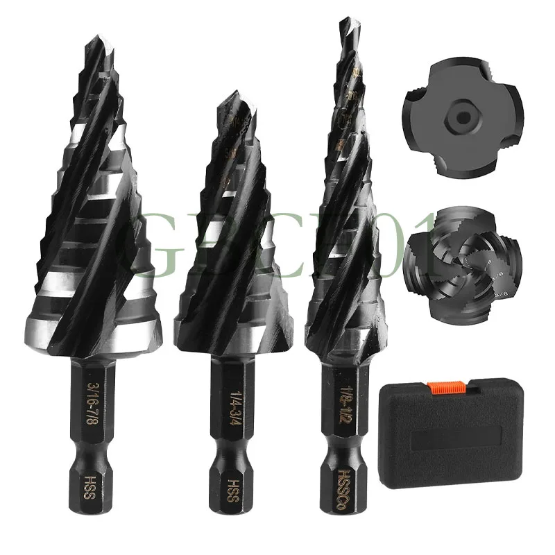 Step Drill Bit Set, 5PCS Four Spiral Flute Step Bits for Metal,Titanium-Coated HSS Drill Bits with 1/8" Hex Shank
Step Drill Bit Set, 5PCS Four Spiral Flute Step Bits for Metal,Titanium-Coated HSS Drill Bits with 1/8" Hex Shank