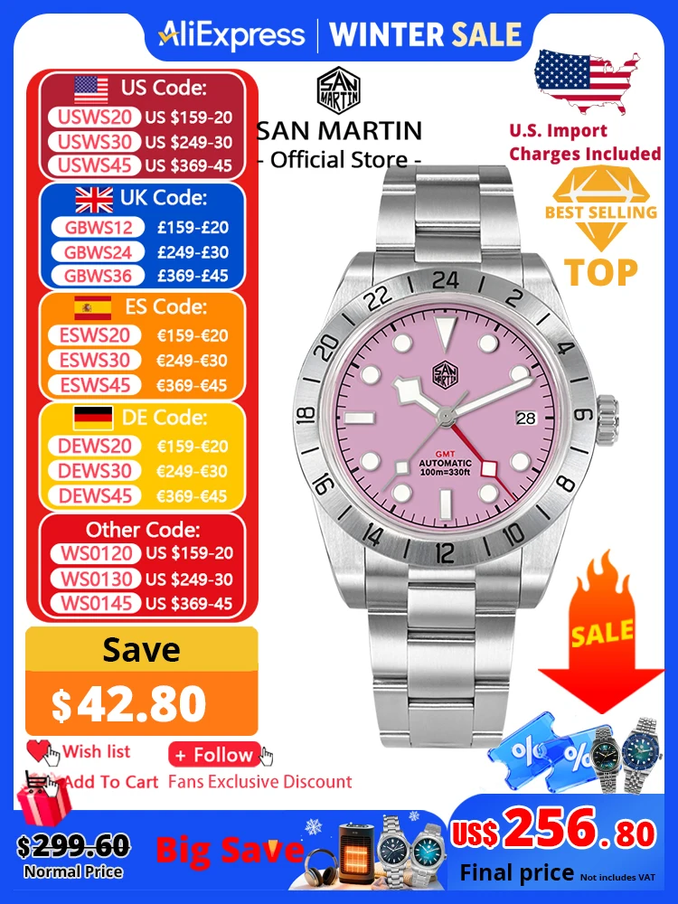 San Martin Pink Dial BB GMT NH34 39mm Classic Luxury Business Men Watch Automatic Mechanical Sapphire Waterproof Relojes SN0054
San Martin Pink Dial BB GMT NH34 39mm Classic Luxury Business Men Watch Automatic Mechanical Sapphire Waterproof Relojes SN0054