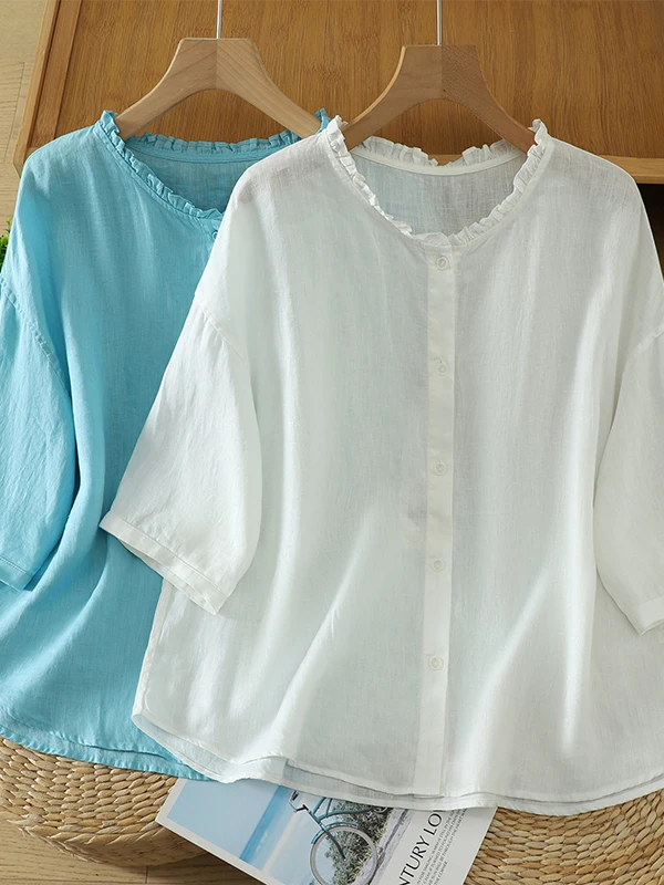 Sweet Design Loose Wood Shirt Women's Casual Style Breathable Short Sleeve round Neck Single Button Closure Top
Sweet Design Loose Wood Shirt Women's Casual Style Breathable Short Sleeve round Neck Single Button Closure Top