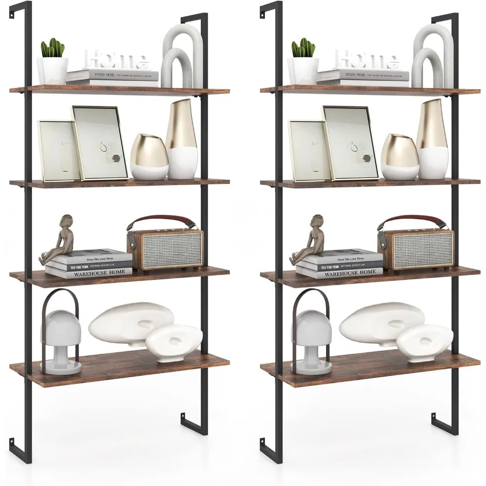 4 Tier Modern Wall Mounted Bookshelf Set of 2, 64" Industrial Rustic Brown Wood Bookcase with Metal Frame, Display Storage Rack
4 Tier Modern Wall Mounted Bookshelf Set of 2, 64" Industrial Rustic Brown Wood Bookcase with Metal Frame, Display Storage Rack