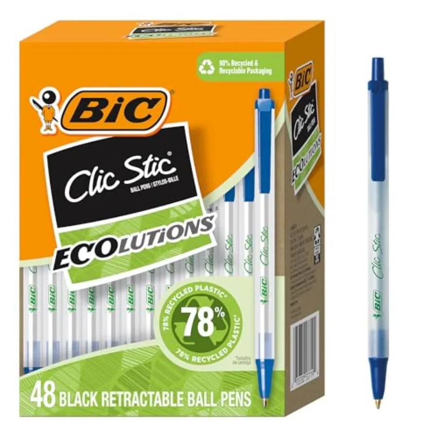 Ecolutions Clic Stic Blue Ballpoint Pens, Medium Point 1.0mm,48-Count Pack, Retractable Ball Point Pens Made from 78% Recycled
Ecolutions Clic Stic Blue Ballpoint Pens, Medium Point 1.0mm,48-Count Pack, Retractable Ball Point Pens Made from 78% Recycled