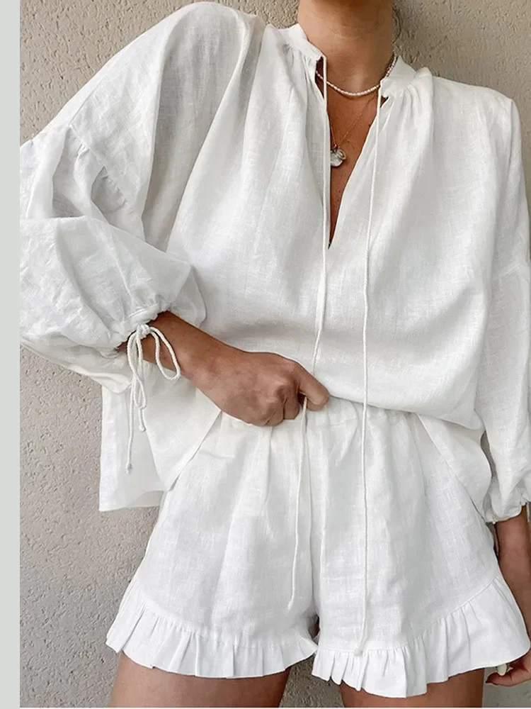 Drawstring Lantern Sleeve Blouse Short Sets Women Casual V Neck Ruffle Lady Shorts Suits New Chic Summer Highstreet Outfits
Drawstring Lantern Sleeve Blouse Short Sets Women Casual V Neck Ruffle Lady Shorts Suits New Chic Summer Highstreet Outfits