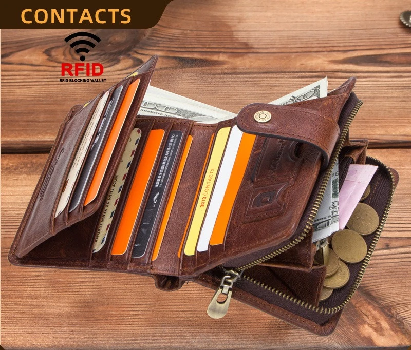 RFID Crazy Horse Cowhide multi-functional men's wallet with genuine leather buckle and large capacity handheld wallet
RFID Crazy Horse Cowhide multi-functional men's wallet with genuine leather buckle and large capacity handheld wallet