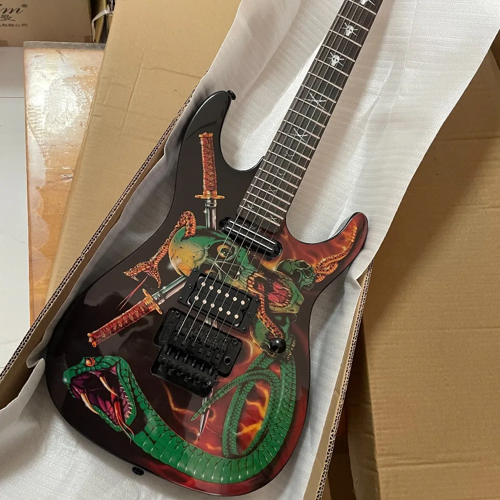 US Shipping Custom Graphic Electric Guitar With Snake, Maple Fingerboard,Rose Style Double Locking Tremolo Bridge For Heavy Metal Players Free Shipping
US Shipping Custom Graphic Electric Guitar With Snake, Maple Fingerboard,Rose Style Double Locking Tremolo Bridge For Heavy Metal Players Free Shipping