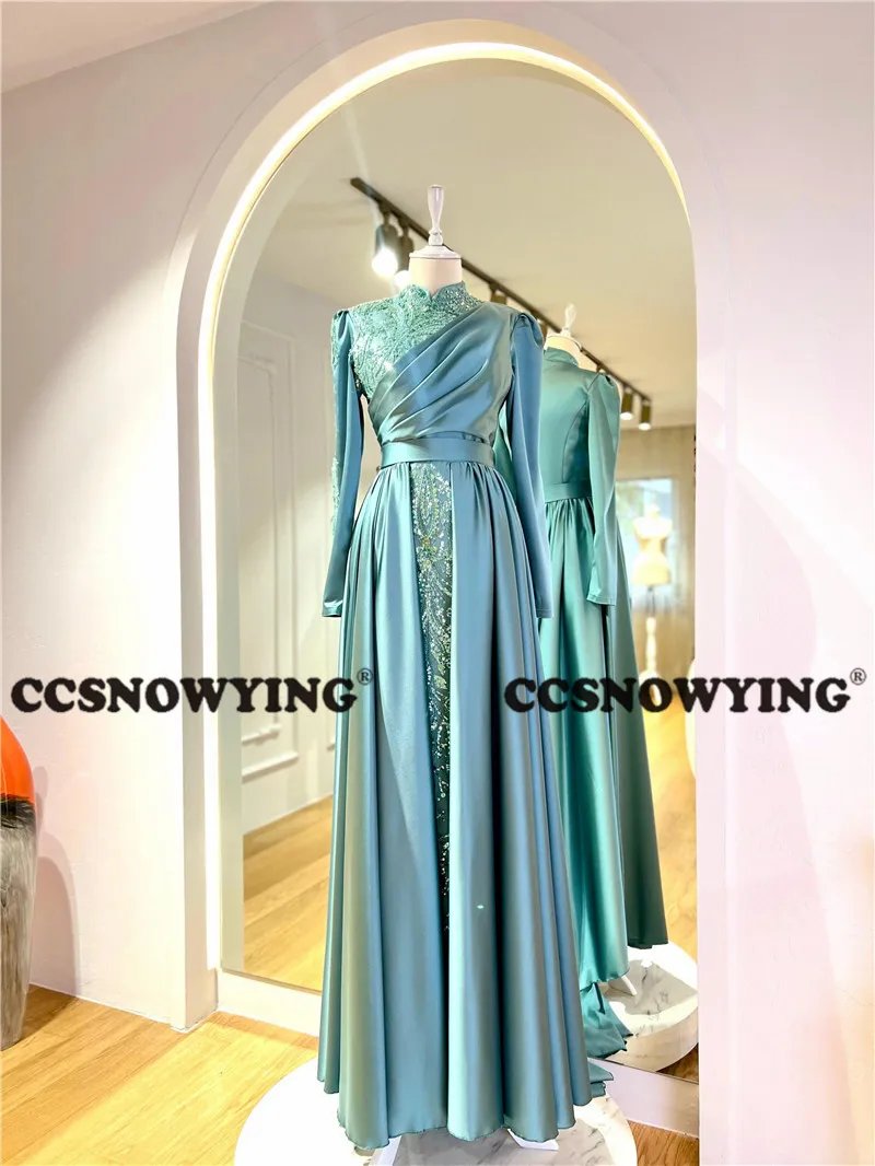 Glossy Satin Long Sleeve Muslim Evening Gown Appliques Hijab Islamic Formal Party Dress High Neck Women Arabic Robe De Soiree
Glossy Satin Long Sleeve Muslim Evening Gown Appliques Hijab Islamic Formal Party Dress High Neck Women Arabic Robe De Soiree