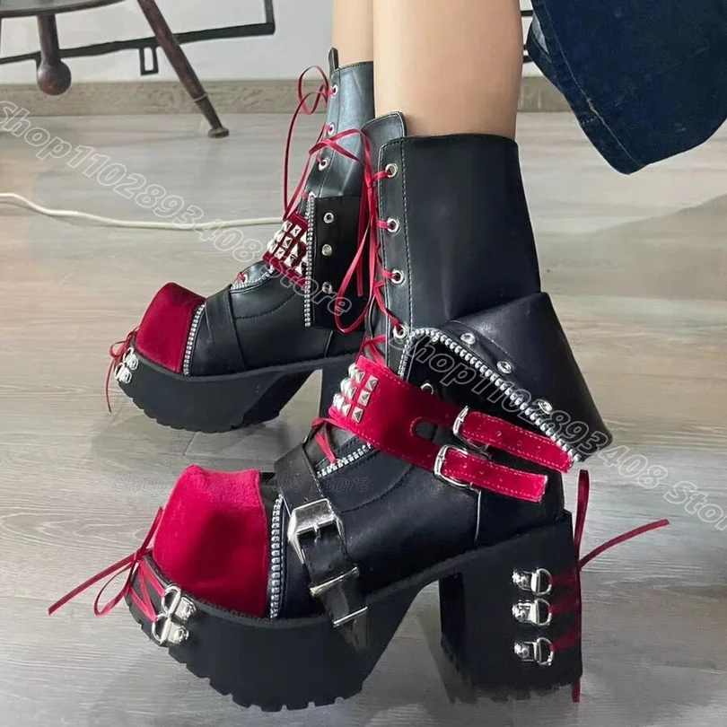 Bicolor Punk Style Ankle Boots Lace up Chunky Heels Personality Round Toe Casual Party Design Women Shoes Zapatos Para Mujere
Bicolor Punk Style Ankle Boots Lace up Chunky Heels Personality Round Toe Casual Party Design Women Shoes Zapatos Para Mujere