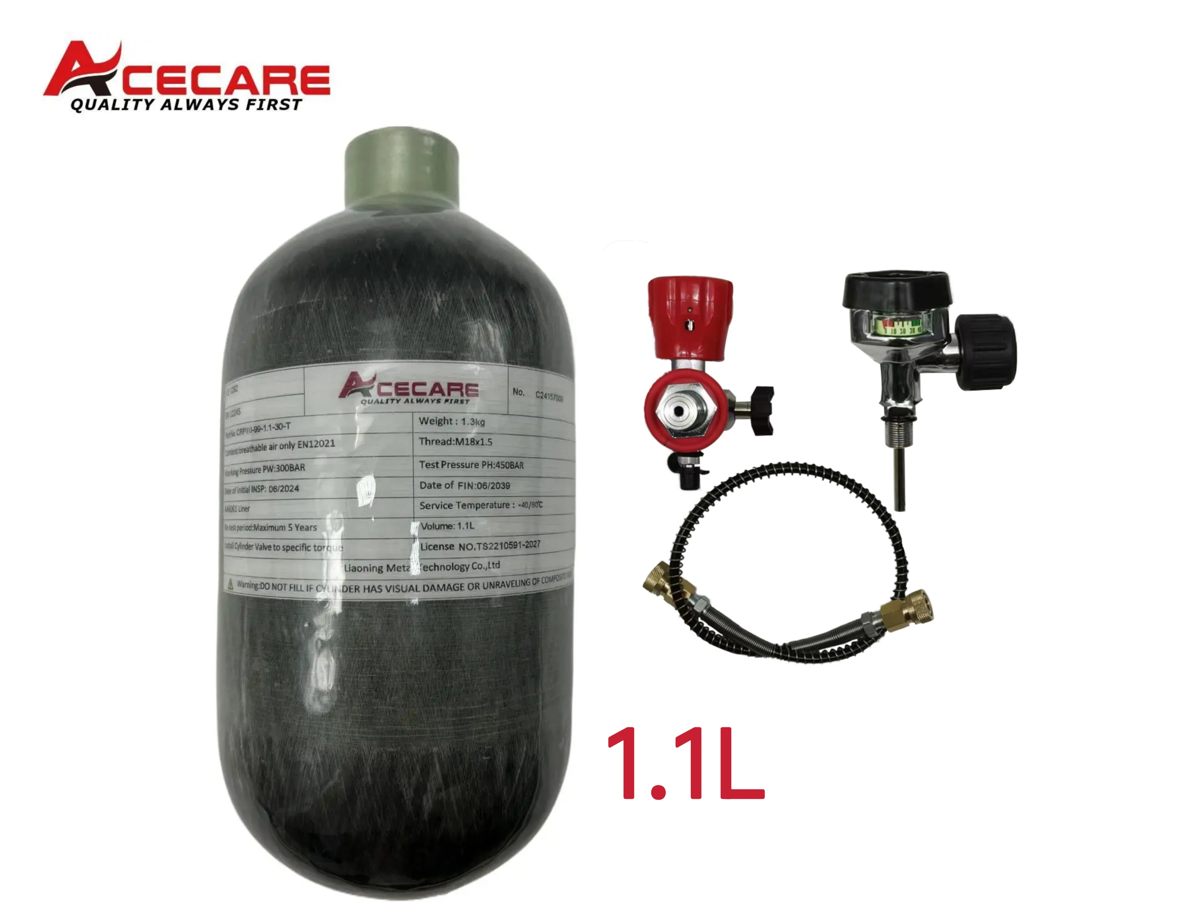 ACECARE 1.1L Carbon Fiber Cylinder 4500psi 300Bar HPA Tank High Pressure Cylinder with Regulating Valve for Scuba Diving M18*1.5
ACECARE 1.1L Carbon Fiber Cylinder 4500psi 300Bar HPA Tank High Pressure Cylinder with Regulating Valve for Scuba Diving M18*1.5