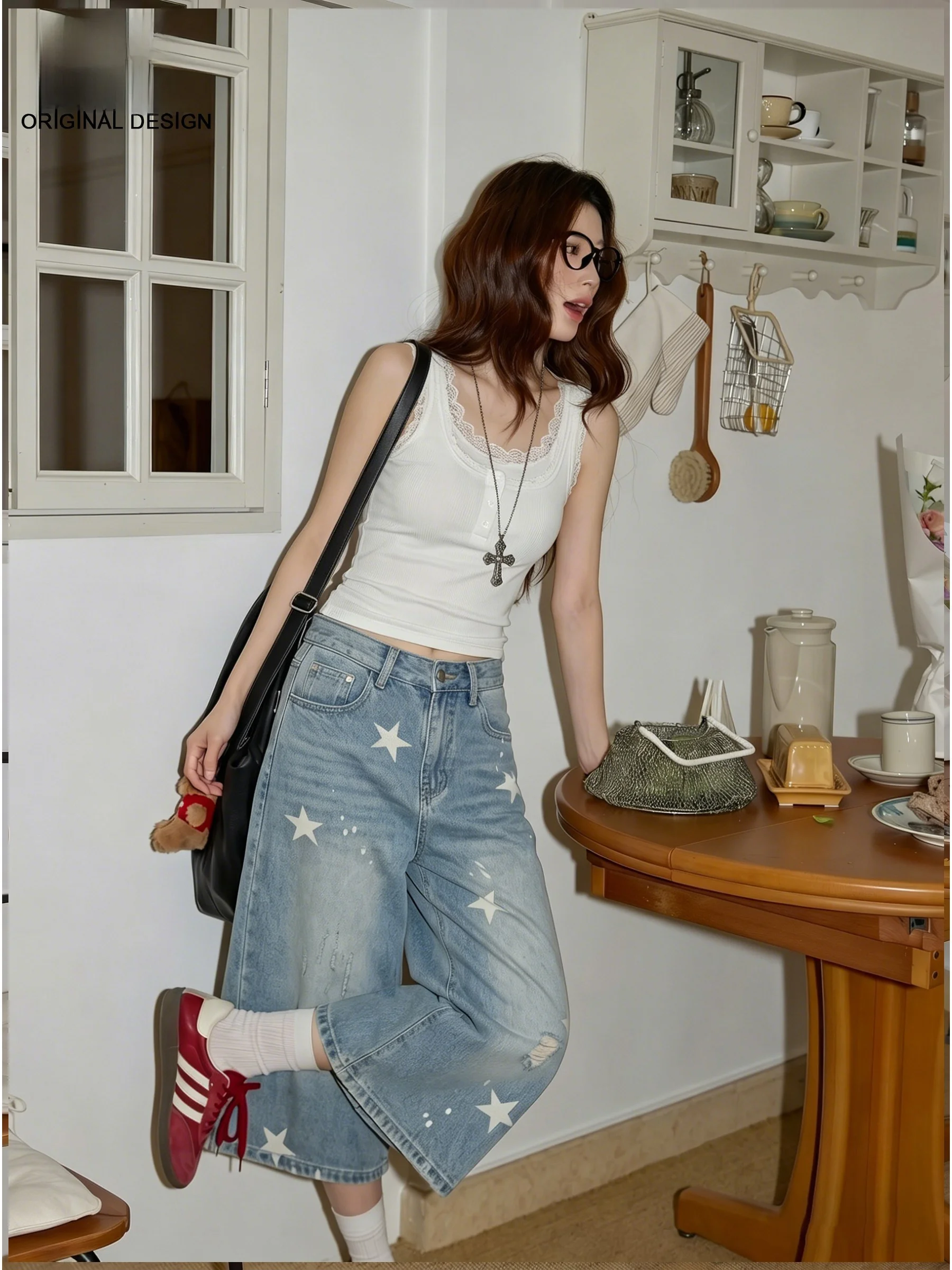 Retro American Style High Waist Seven-Five Loose Straight Leg Star Print Denim Jeans Women's Summer Casual Wide Leg Pants
Retro American Style High Waist Seven-Five Loose Straight Leg Star Print Denim Jeans Women's Summer Casual Wide Leg Pants
