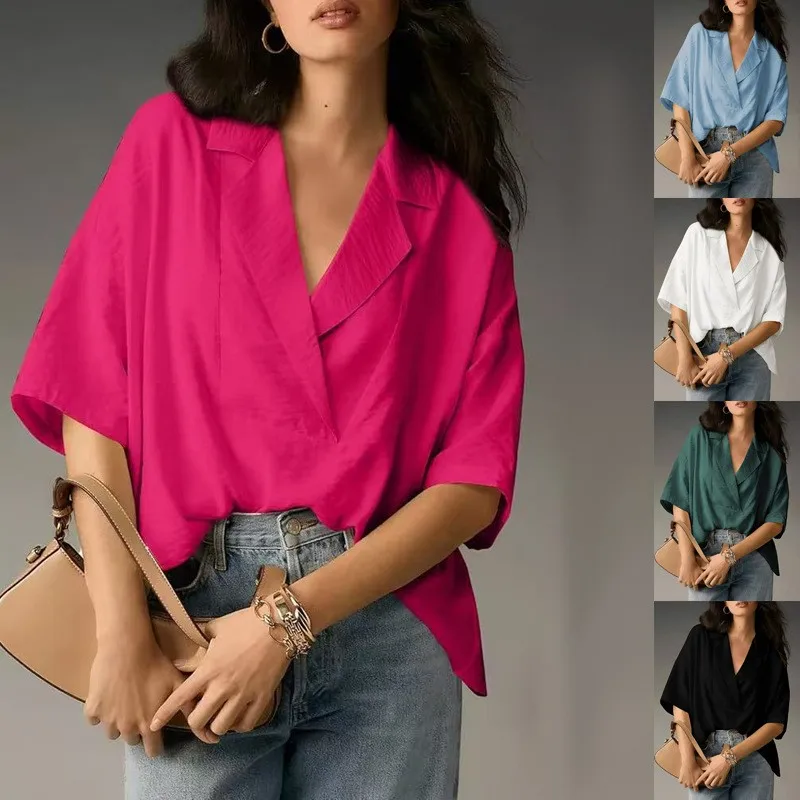 Women's Blouse Short Sleeve Solid Color Women's Blouses V Neck Loose Fit Button Up Shirt Bright Pink Casual Tops For Woman
Women's Blouse Short Sleeve Solid Color Women's Blouses V Neck Loose Fit Button Up Shirt Bright Pink Casual Tops For Woman