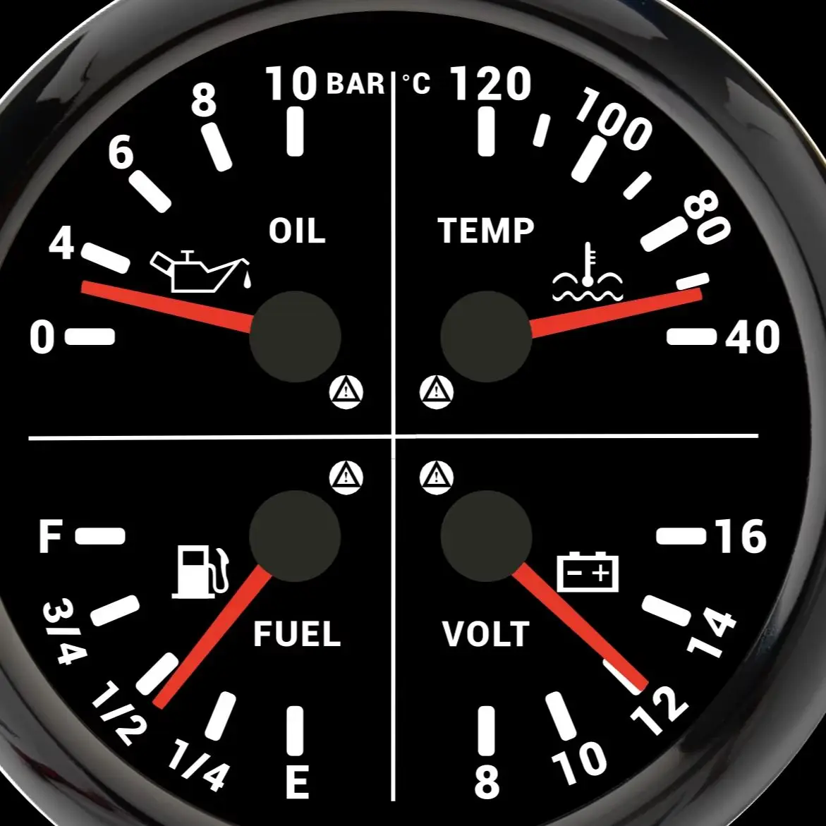 110mm Multi-Meter Car 4 IN 1 Oil Pressure Gauge+Water Temp+Fuel Gauge+Voltage with Flashing Alarm Oil Level Sensor 0-190ohm
110mm Multi-Meter Car 4 IN 1 Oil Pressure Gauge+Water Temp+Fuel Gauge+Voltage with Flashing Alarm Oil Level Sensor 0-190ohm