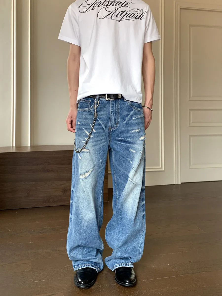 Retro American High Street Loose Fit Straight Leg Jeans Casual Wear Blue Washed Hole Design Men's Denim Pants
Retro American High Street Loose Fit Straight Leg Jeans Casual Wear Blue Washed Hole Design Men's Denim Pants