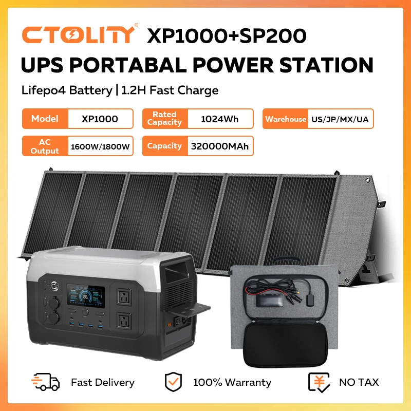 CTOLITY XP1000 1600W Solar Generator 200W Solar Panel 1024Wh Portable Power Station LiFePO4 Battery AC Output Pure Sinve Wave
CTOLITY XP1000 1600W Solar Generator 200W Solar Panel 1024Wh Portable Power Station LiFePO4 Battery AC Output Pure Sinve Wave