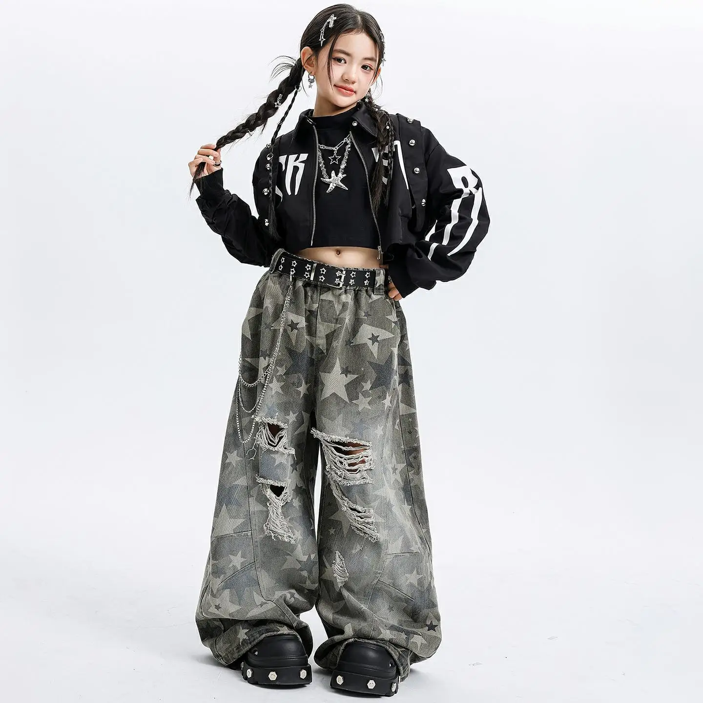 Kid Kpop Hip Hop Clothing Black Rivet Punk Crop Jacket Camo Star Curved Blade Ripped Pants for Girl Street Dance Costume Clothes
Kid Kpop Hip Hop Clothing Black Rivet Punk Crop Jacket Camo Star Curved Blade Ripped Pants for Girl Street Dance Costume Clothes